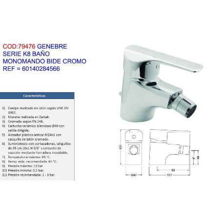 GENEBRE SERIE K8 BAÑO MONOMANDO BIDE CROMO 60140284566