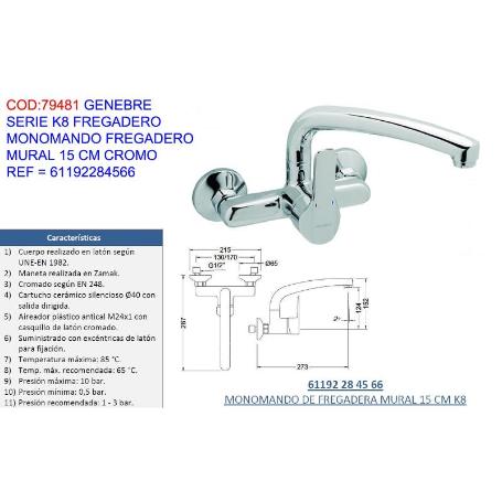 GENEBRE GRIFO K8 MONOMAND FREGADERO MURAL 15 CM CR 61192284566