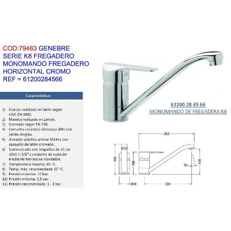 GENEBRE GRIFO K8 MONOMAND FREGADERO HORIZONTAL CR 61200284566