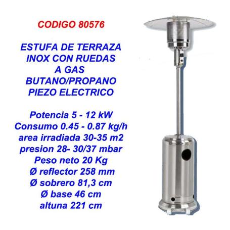 ESTUFA GAS BUTANO-PROPANO EXTERIOR TERRAZA PATIO INOX RUEDAS 197