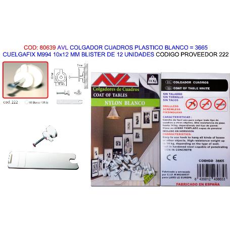 AVL COLGADOR CUELGAFIX BLANCO M994 10X12MM BL 12U 3665 (222)