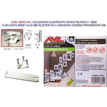 AVL COLGADOR CUELGAFIX BLANCO M998 14X16MM BL 4 UND 3669 (226)