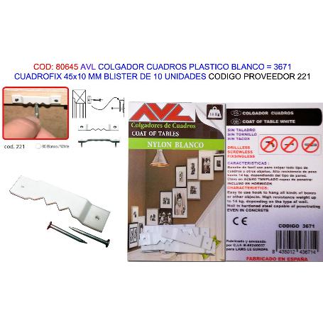 AVL COLGADOR CUADROFIX BLANCO 45X10MM BL 10 UN 3671 (221)