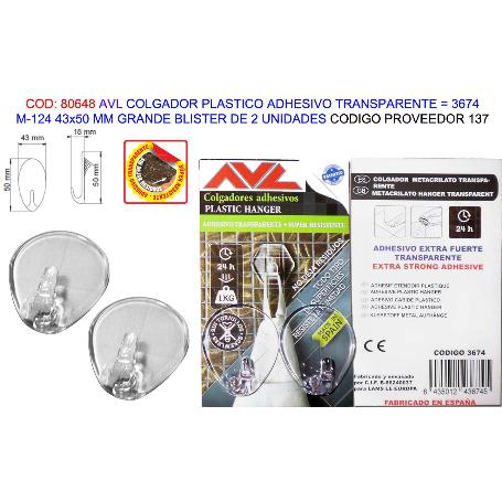 AVL COLGADOR PLAST.ADHESIVO TRANSP.M124 43X50MM BL 2U 3674 (137)