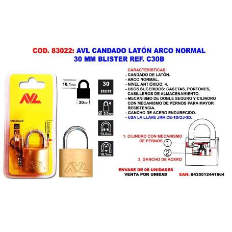 AVL CANDADO LATON A-NORMAL 30 M.M. BLISTER C30B