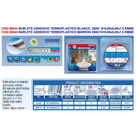 BURLETE ADHESIVO TERMOPLASTICO BLANCO 2800-8 9,00X6,00X7.5 EMME
