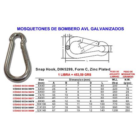 MOSQUETONES BOMBERO AVL DE 10X100 GALVANIZADO