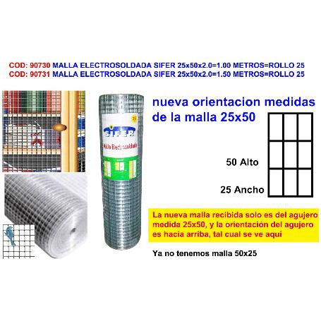 MALLA ELECTROSOLDADA SIFER 25X50X2.0 1.00 METROS ROLLO 25