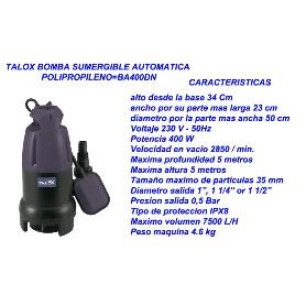 TALOX BOMBA AGUA SUMERGIBLE AUTOMATIC POLIPROP BA400DN-Q1DP-550G