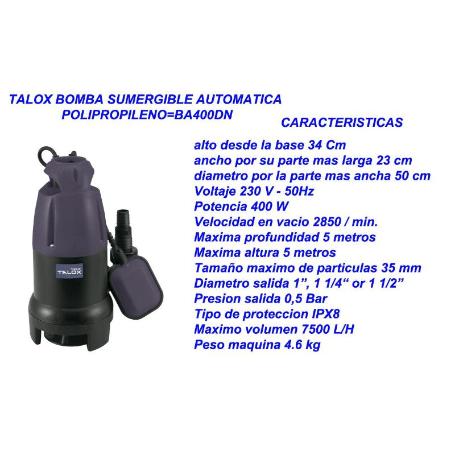 TALOX BOMBA AGUA SUMERGIBLE AUTOMATIC POLIPROP BA400DN-Q1DP-550G