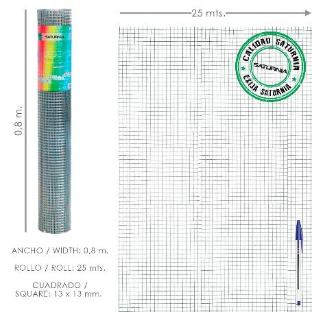 MALLA ELECTROSOLDADA GALVANIZADA 13X13 / 80 CM. ROLLO 25 METROS USO DOMESTICO