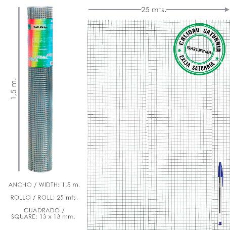 MALLA ELECTROSOLDADA GALVANIZADA 13X13 / 150 CM. ROLLO 25 METROS USO DOMESTICO