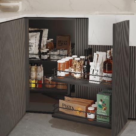 EMUCA RINCONERO EXTRAÍBLE ÁNGULO PARA MUEBLES DE COCINA TITANE, APERTURA A IZQUIERDA, ACERO Y MADERA, GRIS ANTRACIT