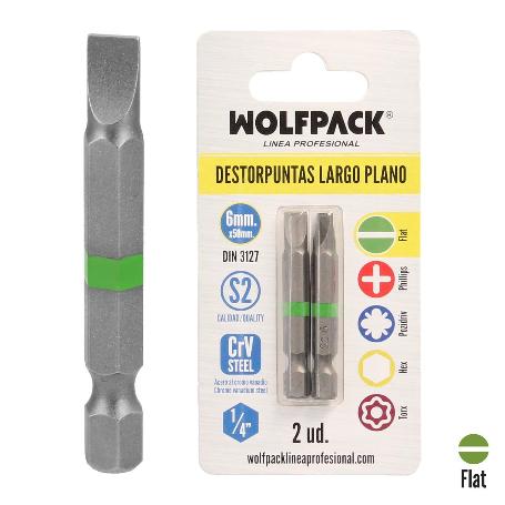 PUNTAS DESTORNILLADOR LARGO PLANO 6 MM. (2 PIEZAS). ACERO S2 AL CROMO VANADIO. PUNTAS HEXAGONALES, DESTORPUNTAS,