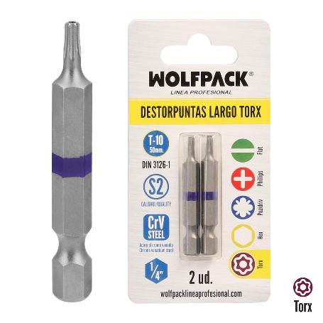 PUNTAS LARGAS DESTORNILLADOR TORX T10 (2 PIEZAS). ACERO S2 AL CROMO VANADIO. PUNTAS HEXAGONALES, DESTORPUNTAS,