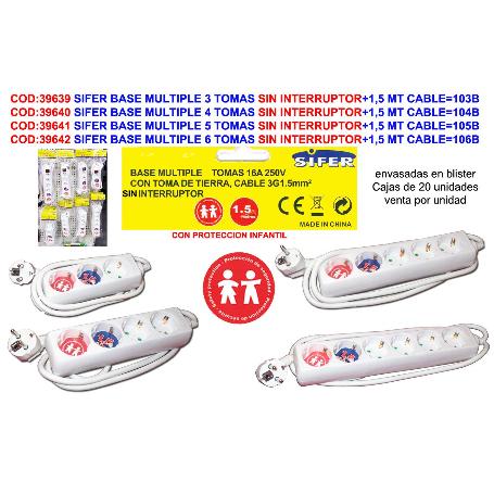 SIFER BASE MULTIPLE 3 TOMAS SIN INTERRUPTOR+1,5 MT CABLE 103B