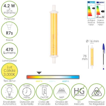 BOMBILLA LED ROSCA R7S 4.2 WATT. EQUIVALE A 25 WATT. 470 LUMENES. LUZ CALIDA (3000º K.)