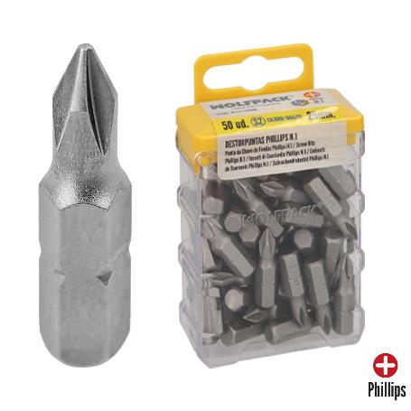 PUNTAS DESTORNILLADOR PHILLIPS Nº 1 (50 PIEZAS). ACERO S2 AL CROMO VANADIO. PUNTAS HEXAGONALES, DESTORPUNTAS,
