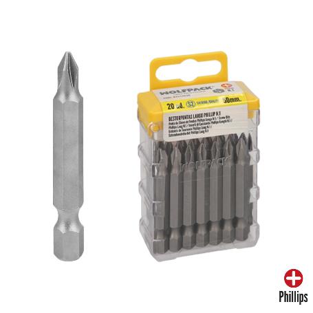 PUNTAS LARGAS DESTORNILLADOR PHILLIPS Nº 1 (20 PIEZAS). ACERO S2 AL CROMO VANADIO. PUNTAS HEXAGONALES, DESTORPUNTAS