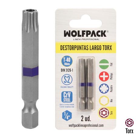 PUNTAS LARGAS DESTORNILLADOR TORX T40 (2 PIEZAS). ACERO S2 AL CROMO VANADIO. PUNTAS HEXAGONALES, DESTORPUNTAS,