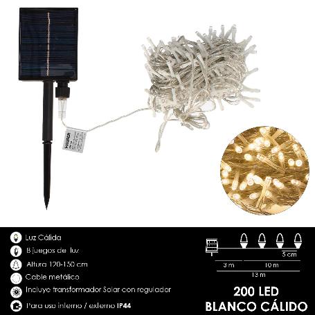 LUCES NAVIDAD SOLAR 200 LEDS LUZ CALIDA. BATERIA RECARGABLE USO EN EXTERIORES / INTERIORES IP44