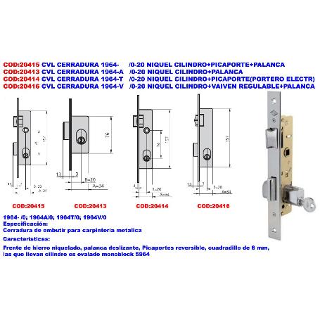 CVL CERRADURA 1964-     -0-20 NIQUEL CILINDRO+PICAPORTE+PALANCA