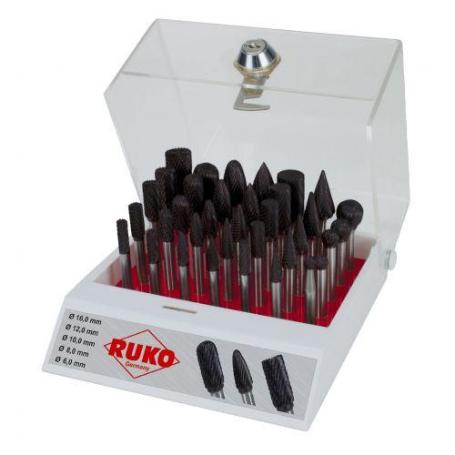 RUKO-116008TC-SURTIDO DE 35 FRESAS DE METAL DURO TICN CON V&#XE1;STAGO DE 6 MM EN VITRINA DE PL&#XE1;STICO