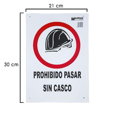 CARTEL PROHIBIDO PASAR SIN CASCO 30X21 CM.