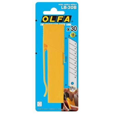 OLFA-LB-30B-PACK DE 30 CUCHILLAS TROCEABLES PLATEADAS DE 18 MM EN CAJA DE PL&#XE1;STICO CON CLIP