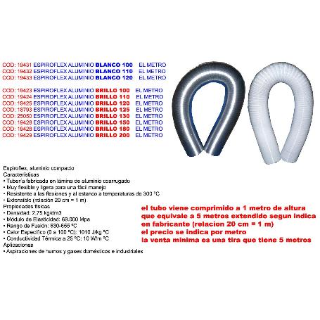 ESPIROFLEX TUBO FLEXIBLE ALU EXTRACCION HUMO BRILLO 110 Ø -METRO (CAJA 5 UNIDADES)