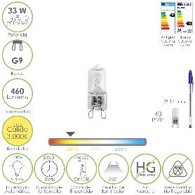 BOMBILLA HALOGENA G-9 33 W. 460 LUMENES. LUZ CÁLIDA (3.000ºK)