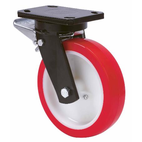 RUEDA GIRATORA PLACA FRENO 10HLBFD200-PO NYLON BLANCO-POLIUR.ROJO EJE LISO