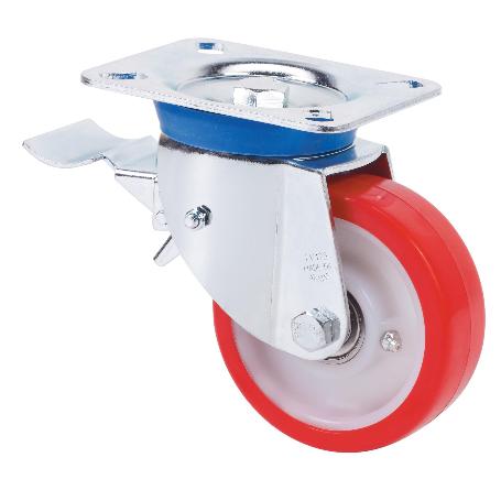 RUEDA GIRATORA PLACA FRENO 10TVFD125-PO NYLON BLANCO-POLIUR.ROJO EJE LISO