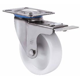 RUEDA GIRATORA PLACA FRENO INOX.10ZVIFD125-UT POLIAMIX BLANCO EJE LISO