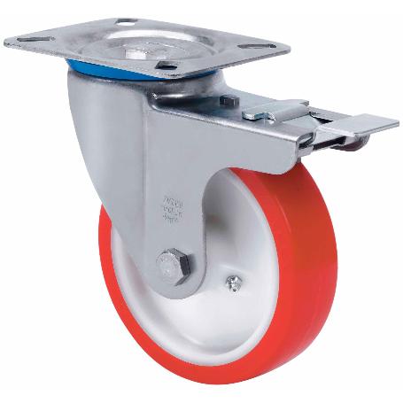 RUEDA GIRATORA PLACA FRENO INOX.10ZVIFD100-PO NYLON BLANCO-POLIUR.ROJO LISO