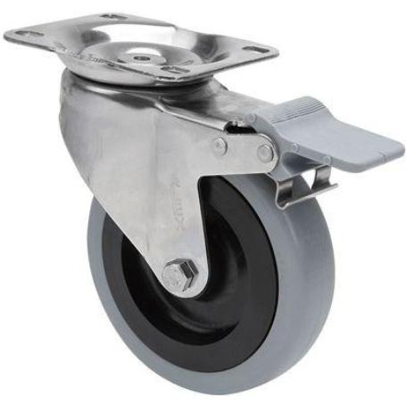 RUEDA GIRATORA PLACA FRENO INOX.10ZVIFD100-PGAN POLIAMIX-GOMA GRIS EJE LISO