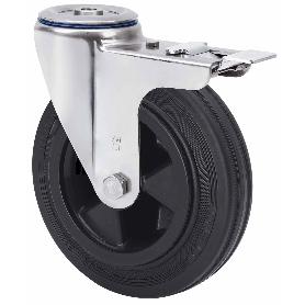 RUEDA GIRATORA AGUJERO M12 FRENO INOX.20ZVIFD160-PSN POLIAMIX-GOMA NEGRA LISO