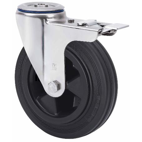 RUEDA GIRATORA AGUJERO M12 FRENO INOX.20ZVIFD160-PSN POLIAMIX-GOMA NEGRA LISO