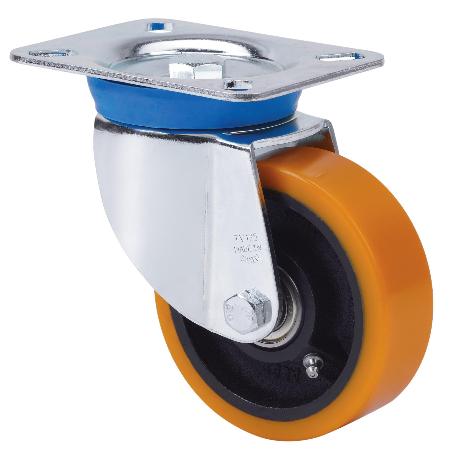 RUEDA GIRATORA PLACA 10TV150-HUB HIERRO-POLIUR.NARANJA EJE BOLAS