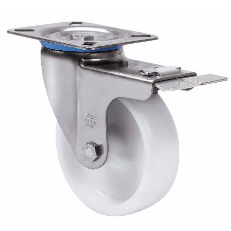 RUEDA GIRATORA PLACA FRENO INOX.10ZVLIFD100-UT POLIAMIX BLANCO EJE LISO