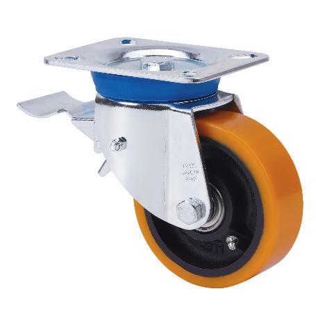 RUEDA GIRATORA PLACA FRENO 10TVFD150-HUB HIERRO-POLIUR.NARANJA EJE BOLAS