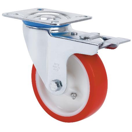 RUEDA GIRATORA PLACA FRENO 10ZVFD200-POB NYLON BLANCO-POLIUR.ROJO EJE BOLAS