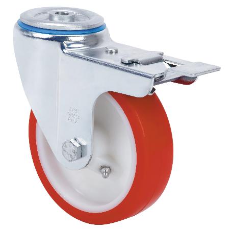 RUEDA GIRATORA AGUJERO M12 FRENO 20ZVFD150-PO NYLON BLANCO-POLIUR.ROJO LISO