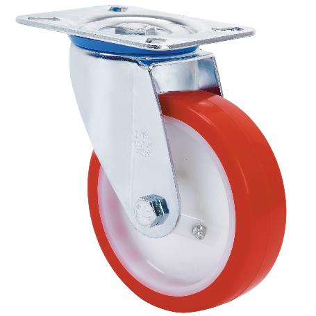 RUEDA GIRATORA PLACA 10ZV100-PO NYLON BLANCO-POLIUR.ROJO EJE LISO