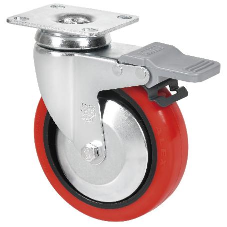 RUEDA GIRATORA PLACA FRENO 10BHAFD125CP-PPIA POLIAMIX-POLIUR.ROJO EJE LISO