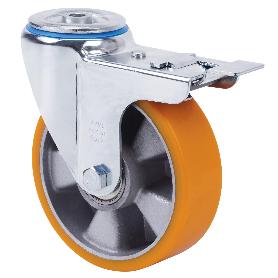 RUEDA GIRATORA AGUJERO M12 FRENO 20ZVFD125-AUB ALUMINIO-POLIUR.NARANJA BOLAS