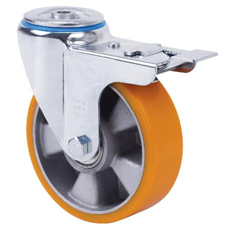 RUEDA GIRATORA AGUJERO M12 FRENO 20ZVFD125-AUB ALUMINIO-POLIUR.NARANJA BOLAS