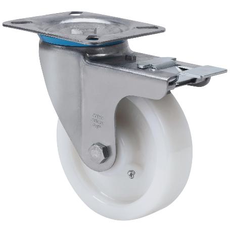 RUEDA GIRATORA PLACA FRENO INOX.10ZVIFD100-FT NYLON BLANCO EXTRAFUERTE LISO