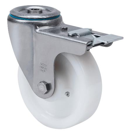 RUEDA GIRATORA AGUJERO M12 FRENO INOX.20ZVIFD125-FTE NYLON BLANCO EXTRAF.LISO