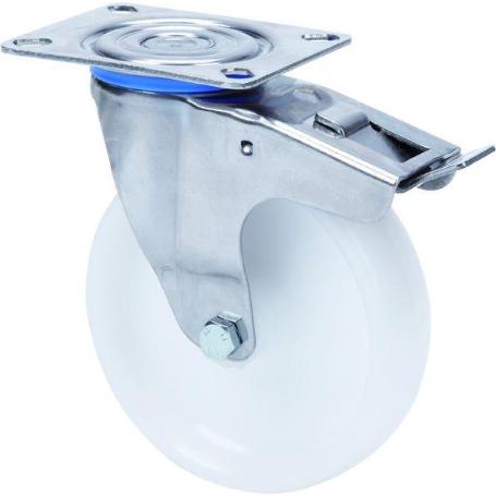 RUEDA GIRATORA PLACA FRENO INOX.10ZLIFD125-UT POLIAMIX BLANCO EJE LISO